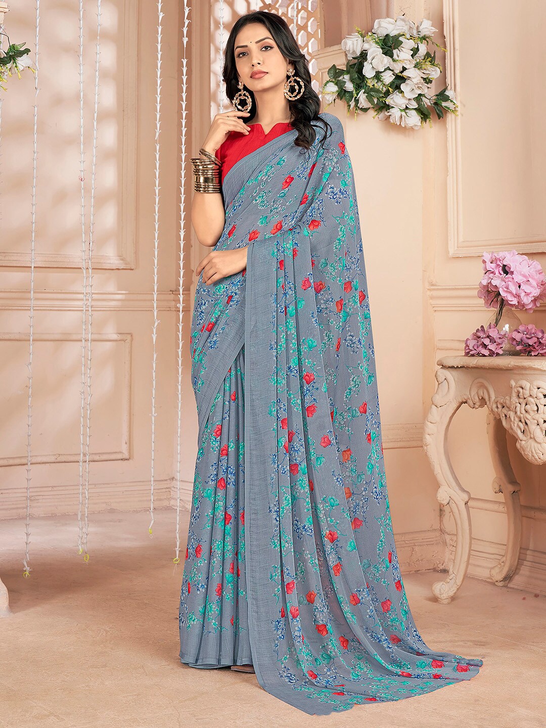 

Mitera Grey Floral Printed Poly Chiffon Bagru Saree