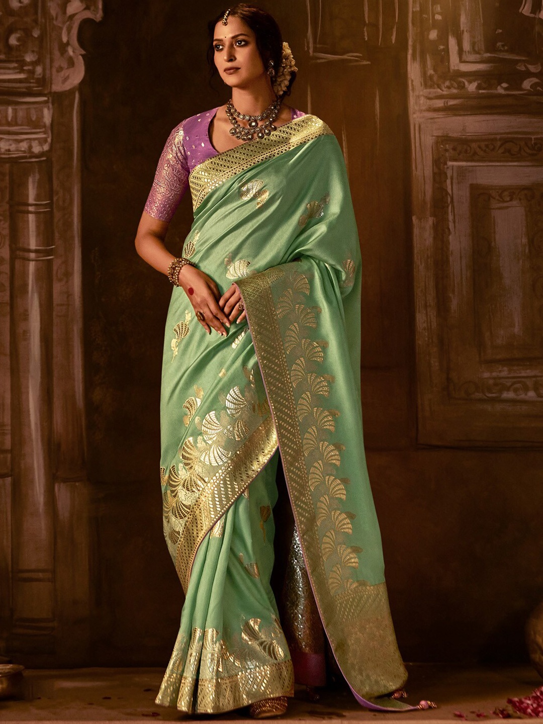 

Mitera Ethnic Motifs Zari Banarasi Saree, Sea green