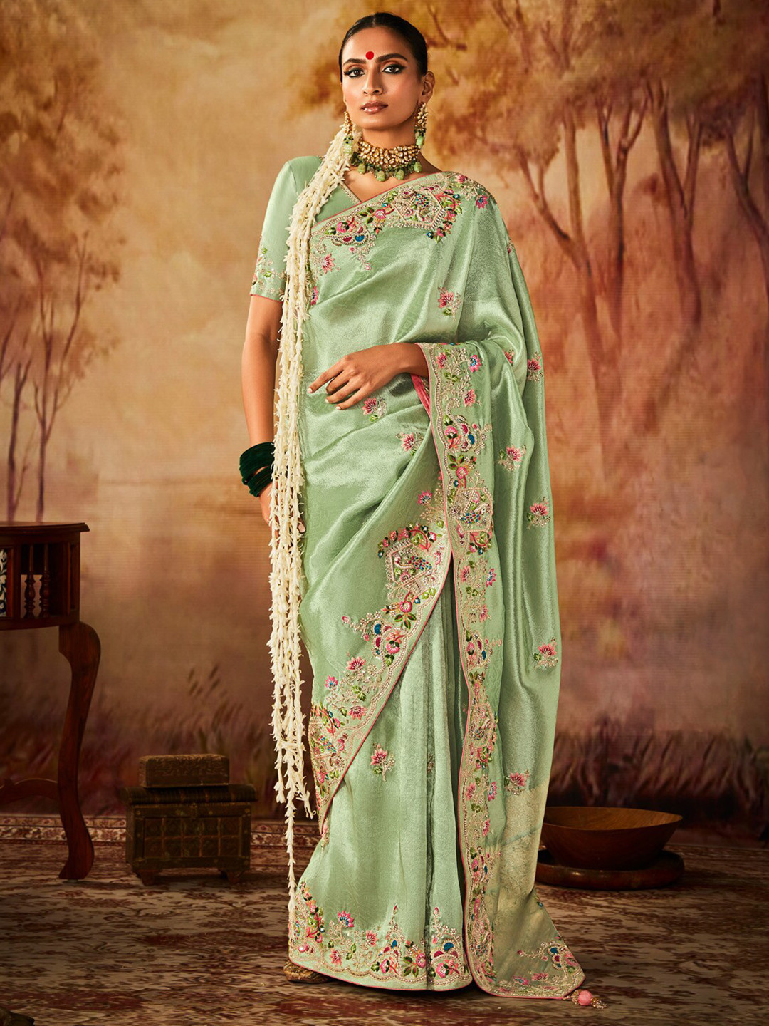 

Mitera Floral Embroidered Beads and Stones Kanjeevaram Saree, Sea green