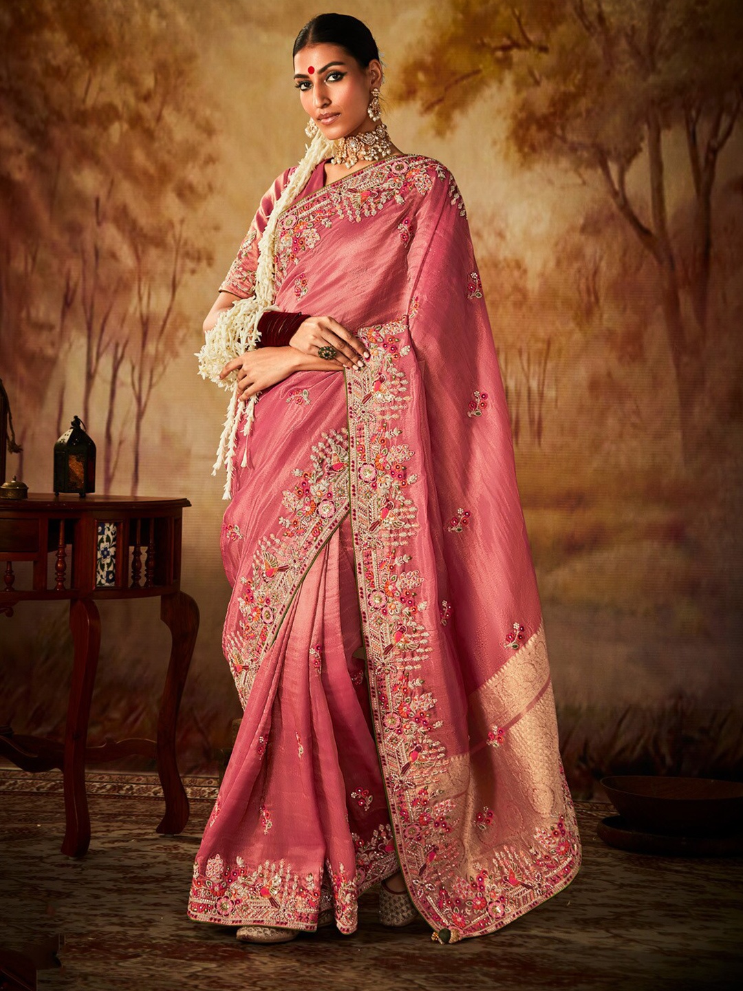 

Mitera Floral Embroidered Beads And Stones Saree, Pink
