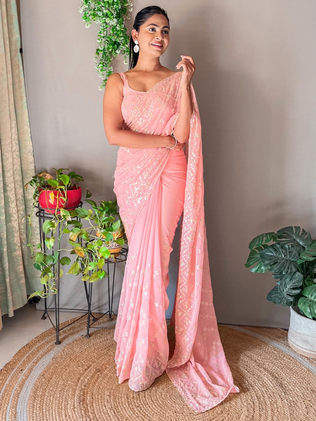 

Mitera Paisley Embellished Sequinned Pure Georgette Saree, Peach