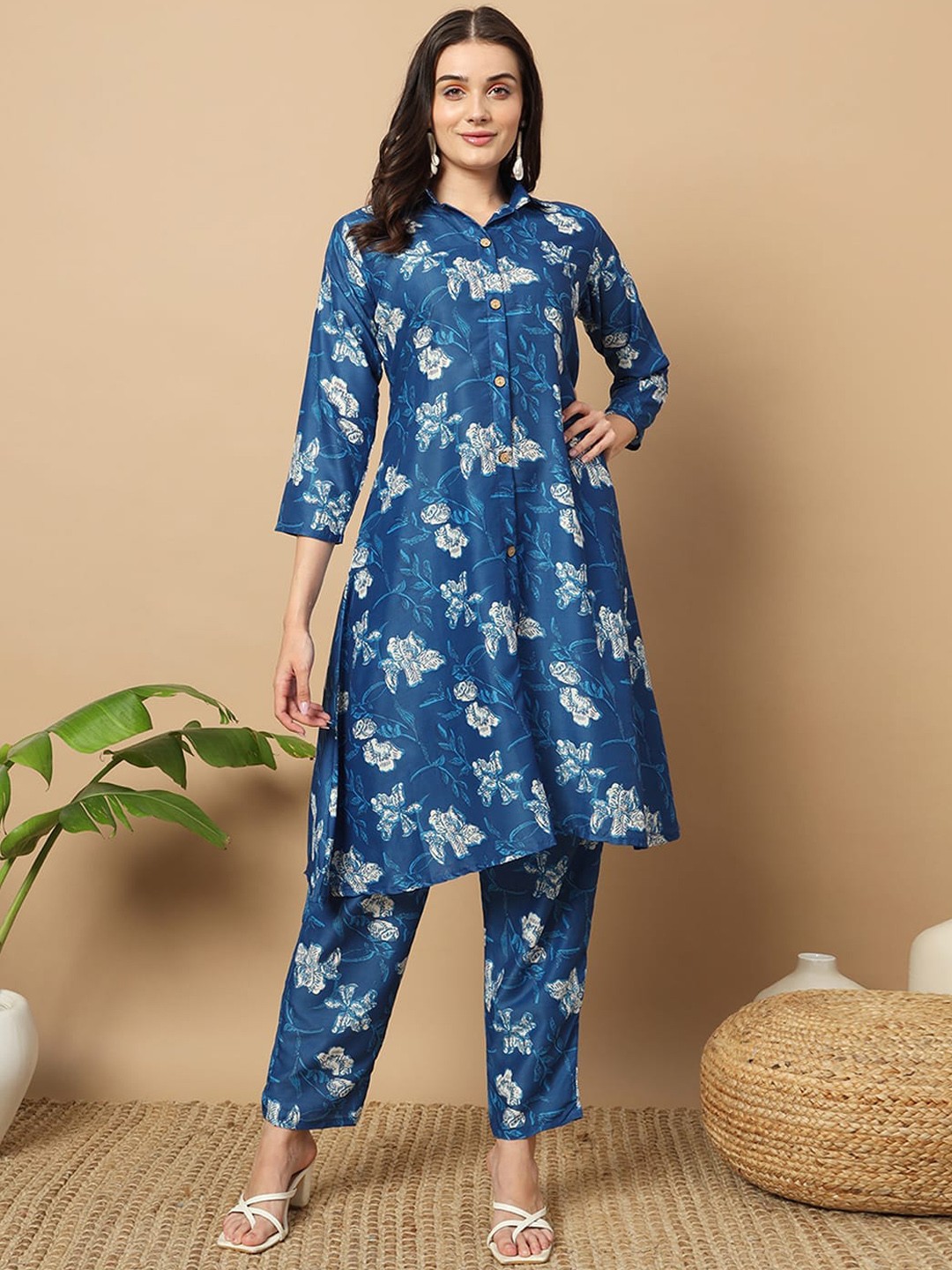 

KALINI Floral Printed Shirt Collar Tunic And Trousers, Navy blue