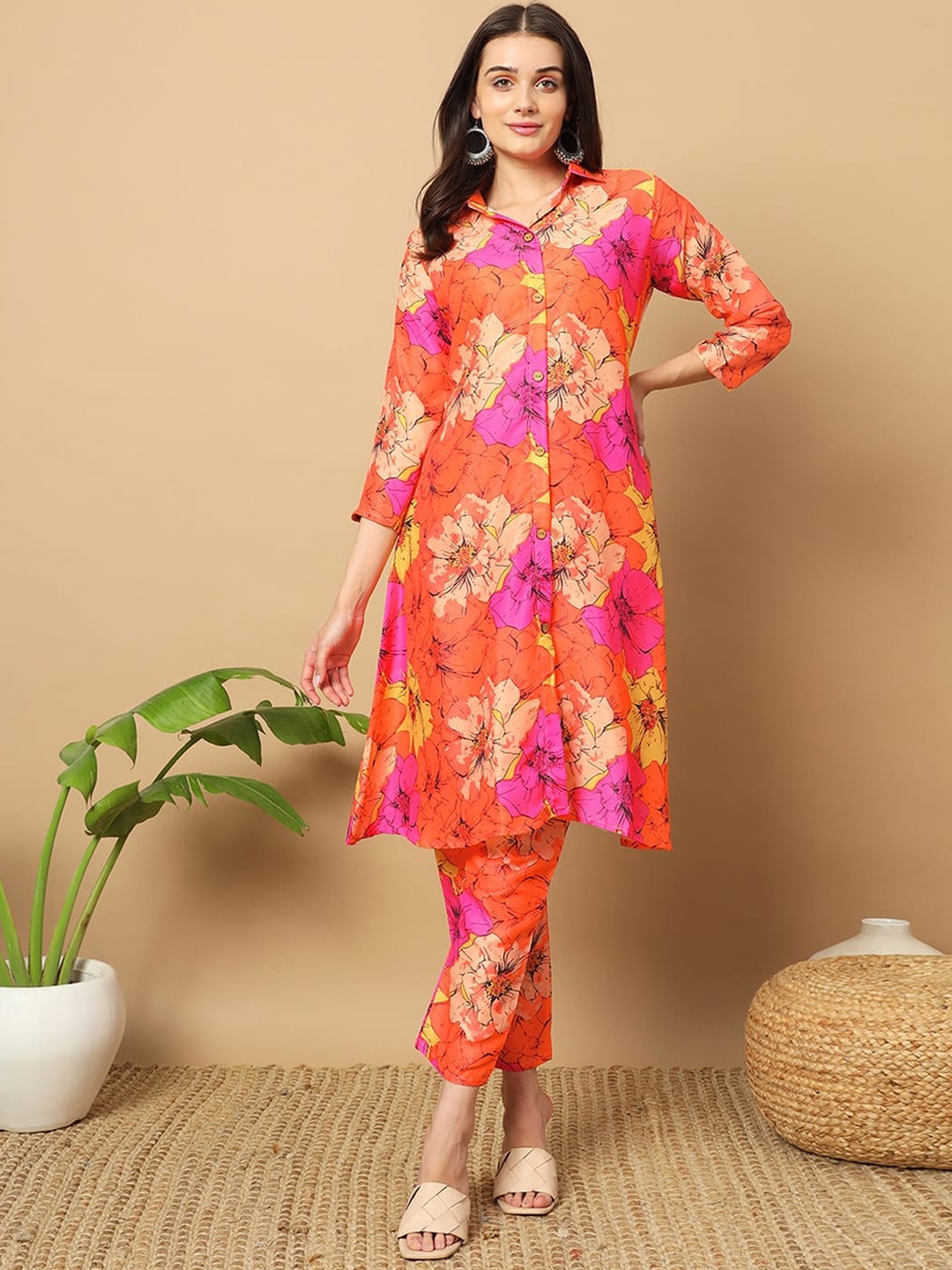 

KALINI Floral Printed Shirt Collar Tunic And Trousers, Orange