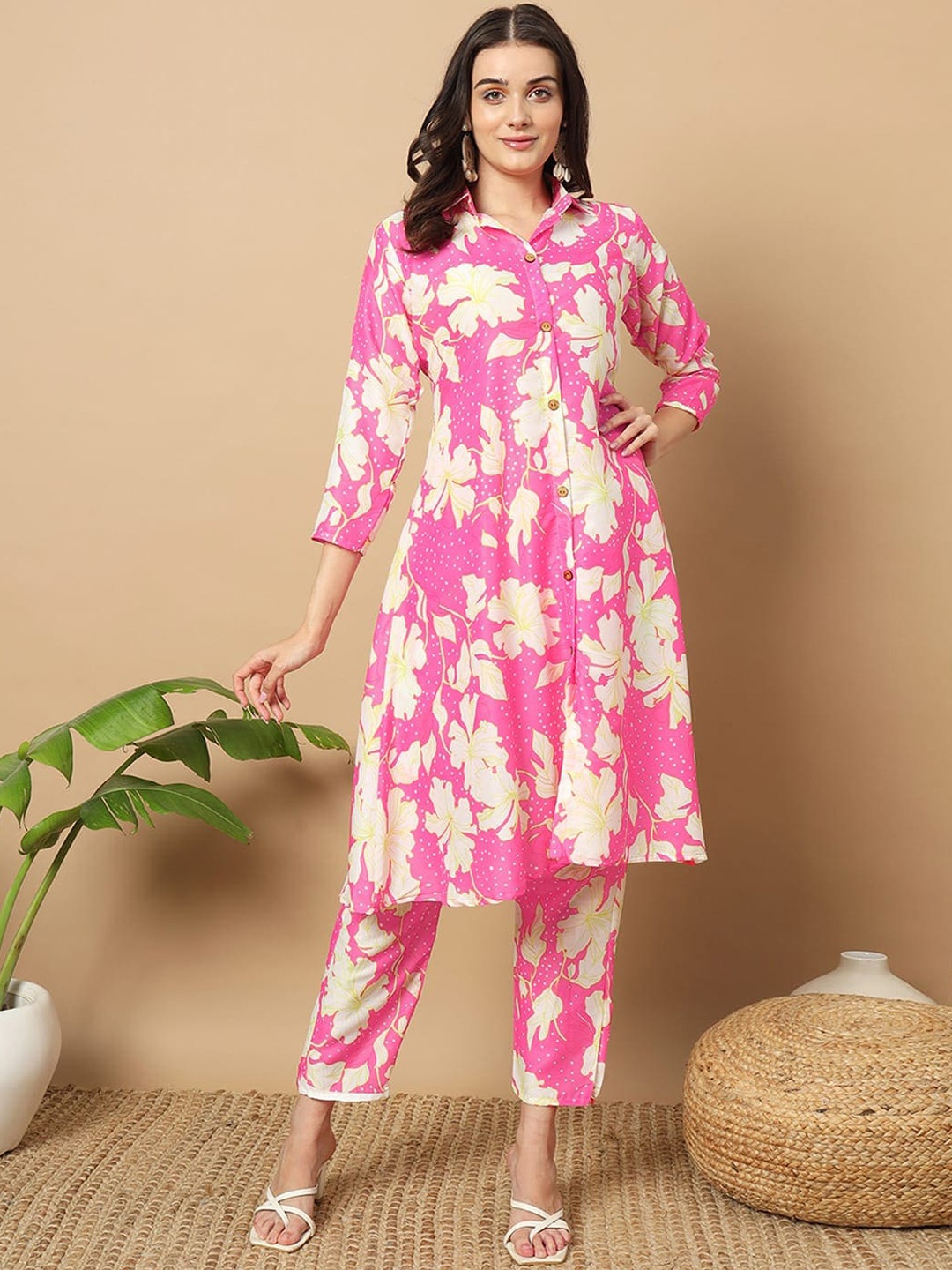 

KALINI Floral Printed Shirt Collar Tunic And Trousers, Pink