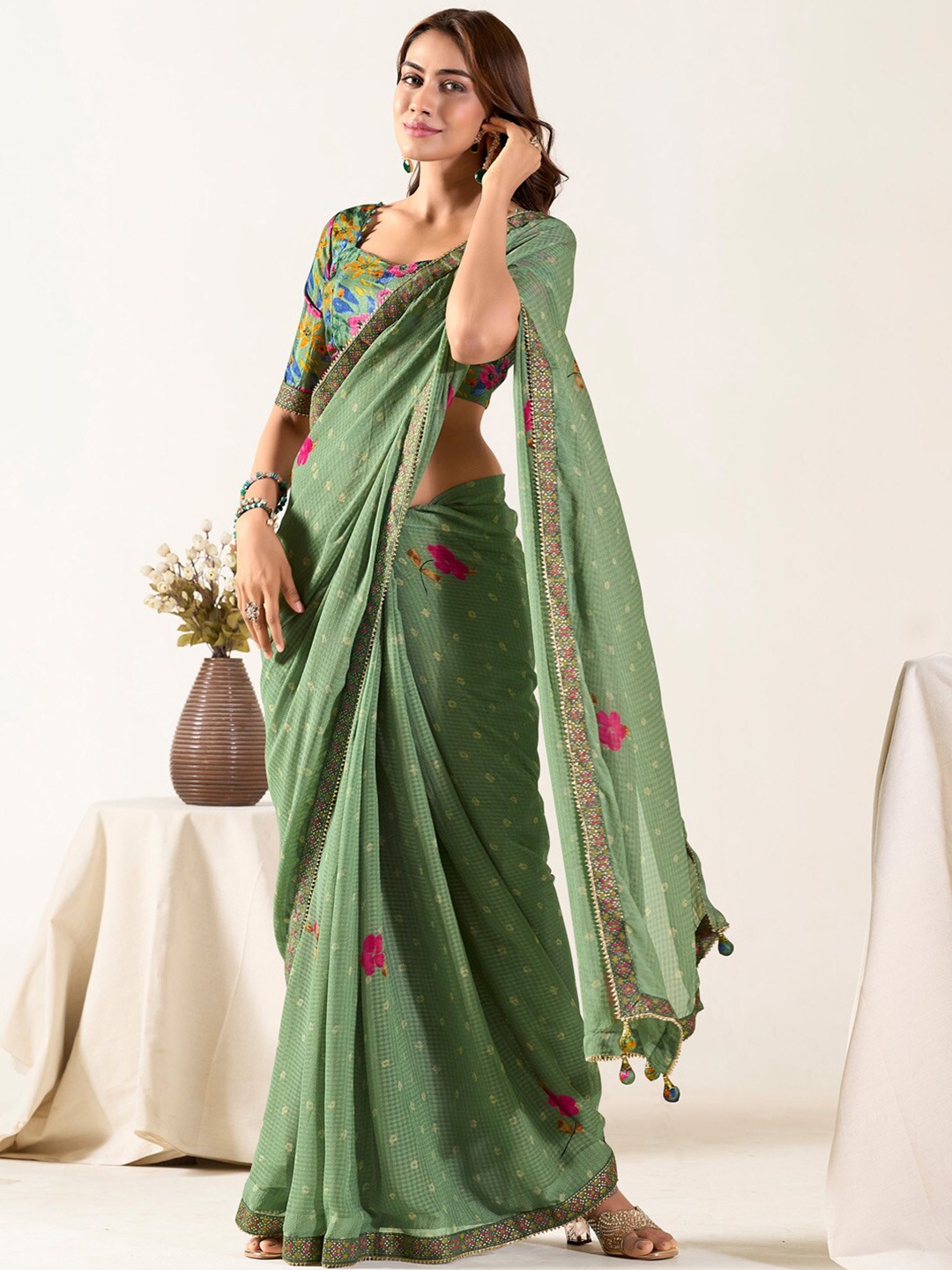 

Saree mall Ethnic Motifs Sequinned Poly Georgette Saree, Sea green