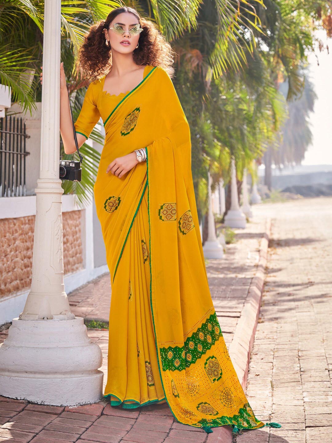 

Saree mall Mustard & Green Ethnic Motifs Printed Sarees