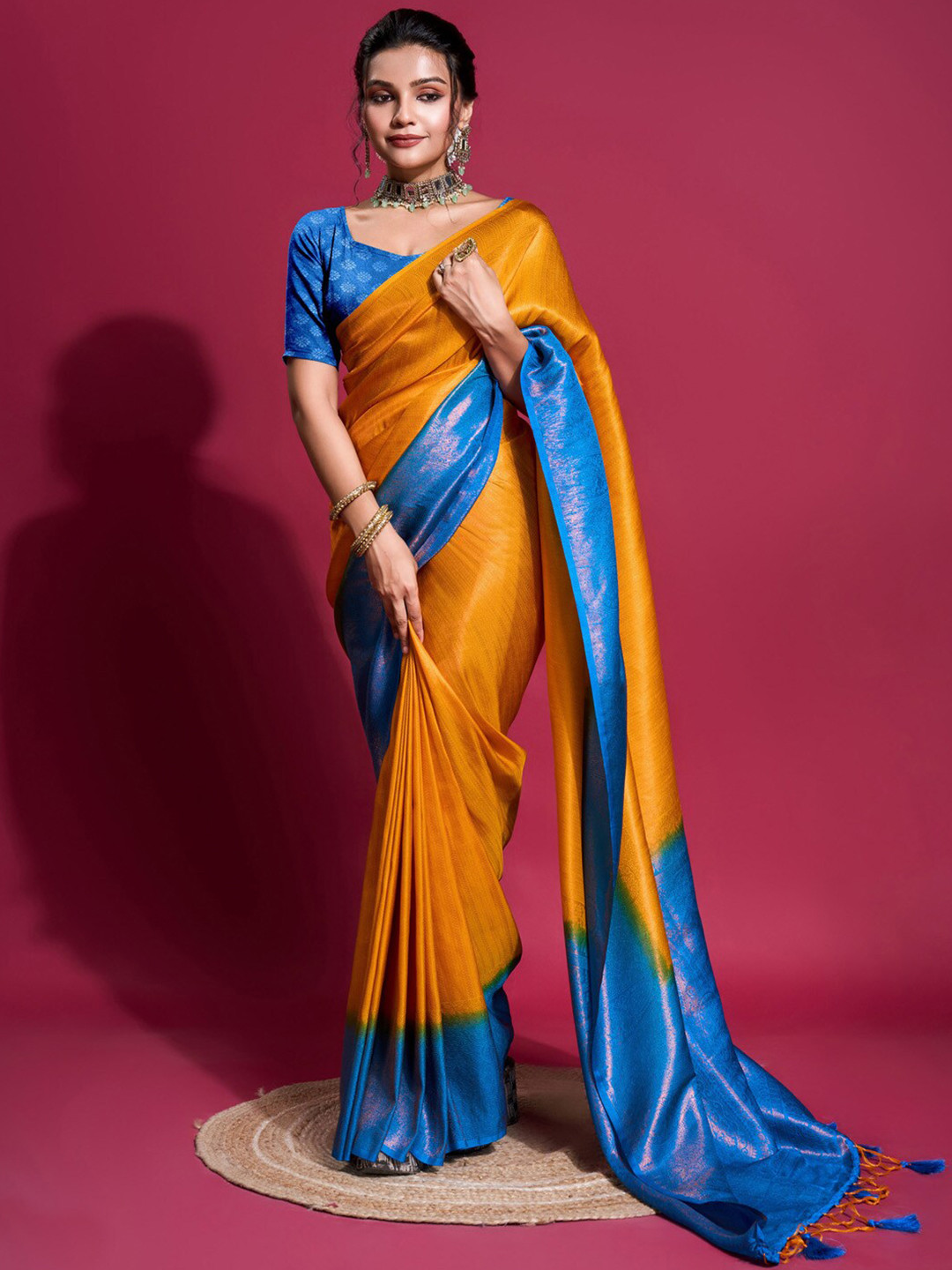 

Saree mall Yellow & Blue Paisley Zari Kanjeevaram Sarees