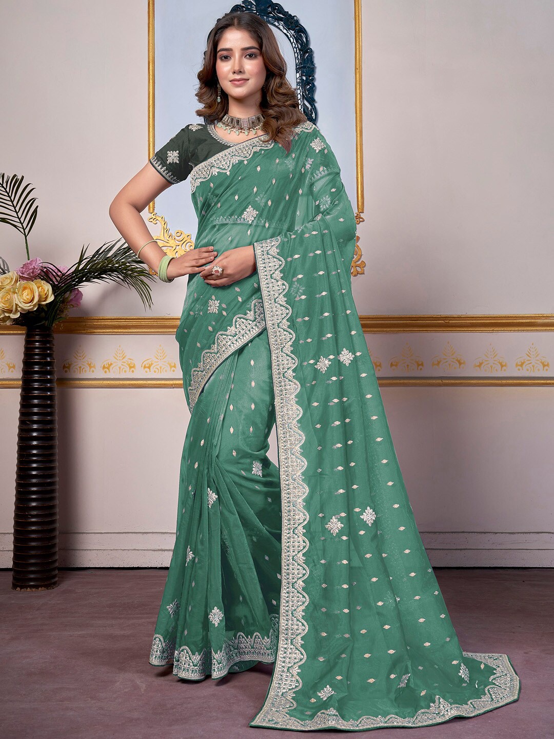 

Saree mall Paisley Zari Organza Saree, Sea green