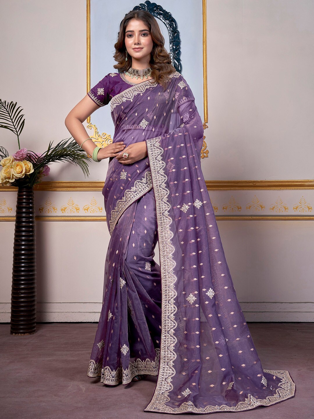 

Saree mall Paisley Zari Organza Saree, Violet