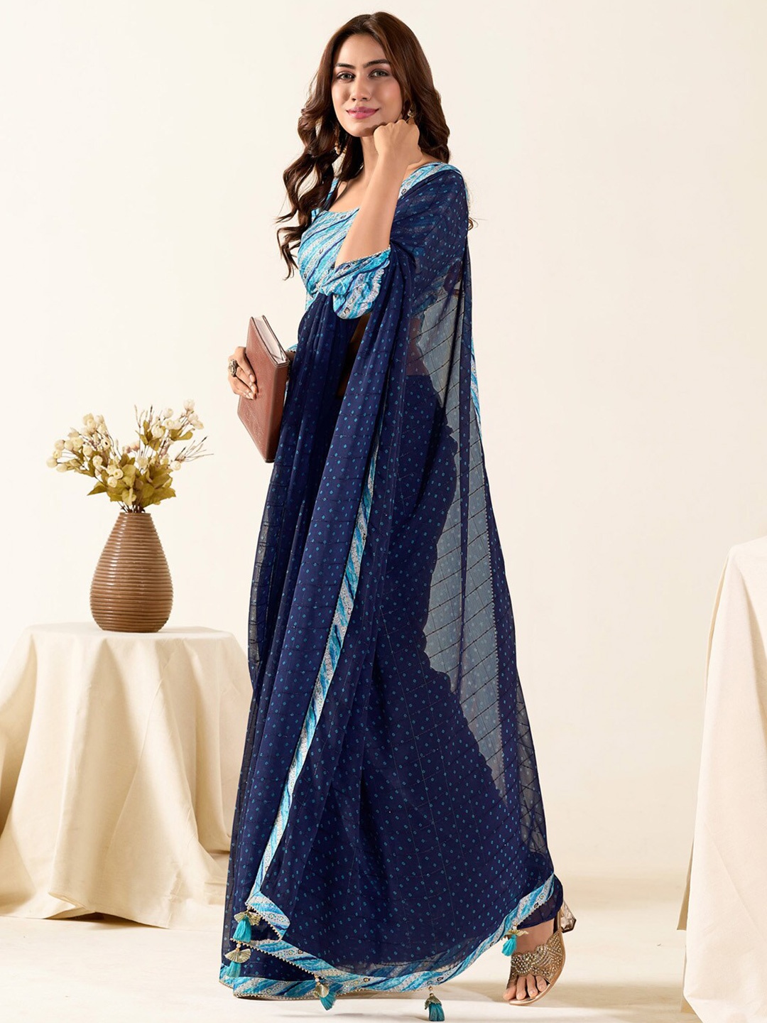 

Saree mall Bandhani Poly Georgette Saree, Navy blue