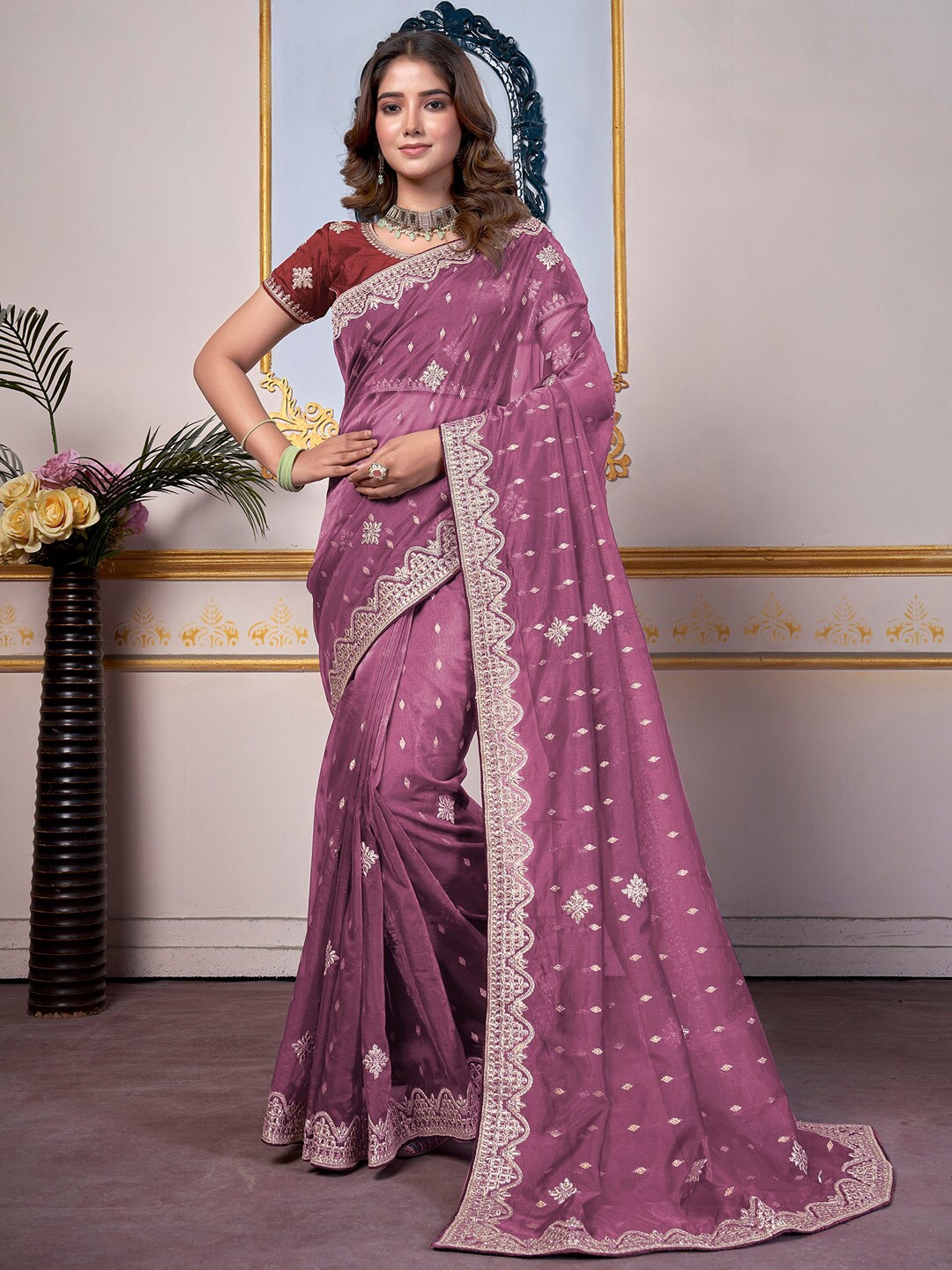 

Saree mall Paisley Zari Organza Saree, Mauve