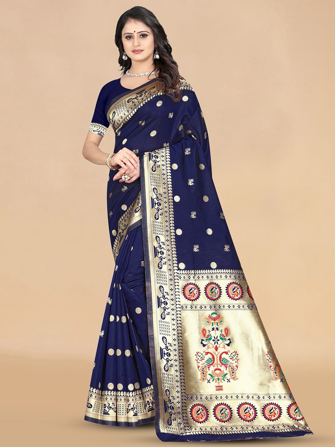 

KALINI Ethnic Motifs Woven Design Zari Banarasi Saree, Navy blue