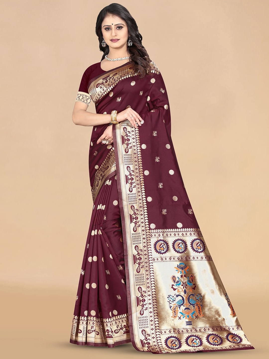 

KALINI Ethnic Motifs Woven Design Zari Banarasi Saree, Maroon