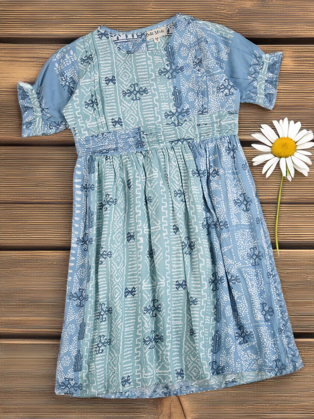 

Bella Moda Girls Floral Printed Flared Round Neck Cotton A-Line Dress, Sea green