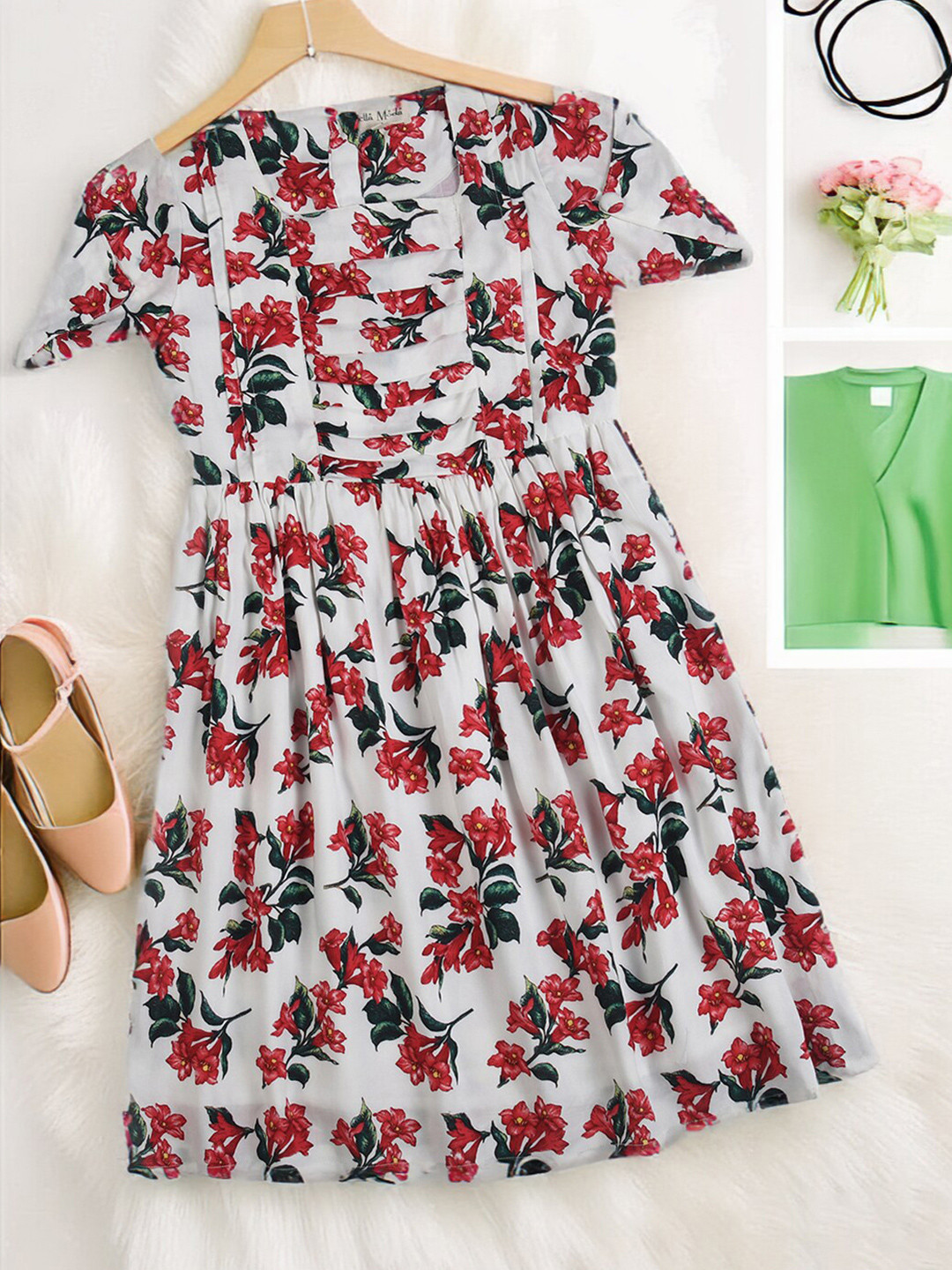 

Bella Moda Girls Floral Printed Square Neck Short Sleeves Cotton Fit & Flare Dress, White
