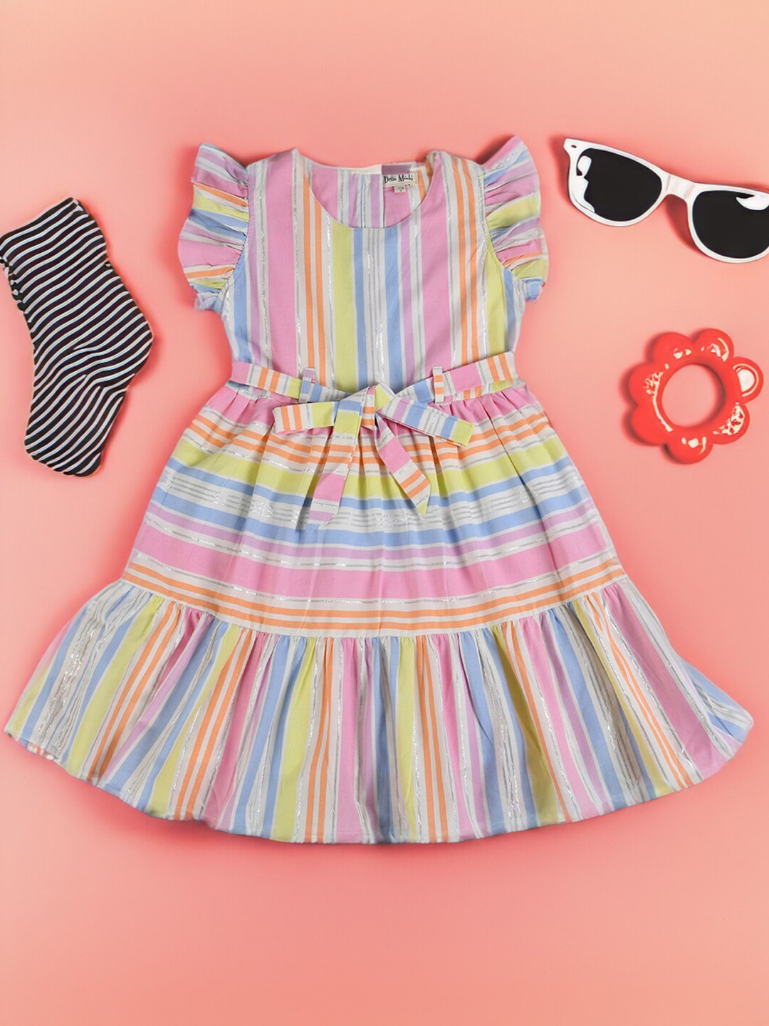 

Bella Moda Girls Striped Round Neck Flared Cotton Fit & Flare Dress, Pink