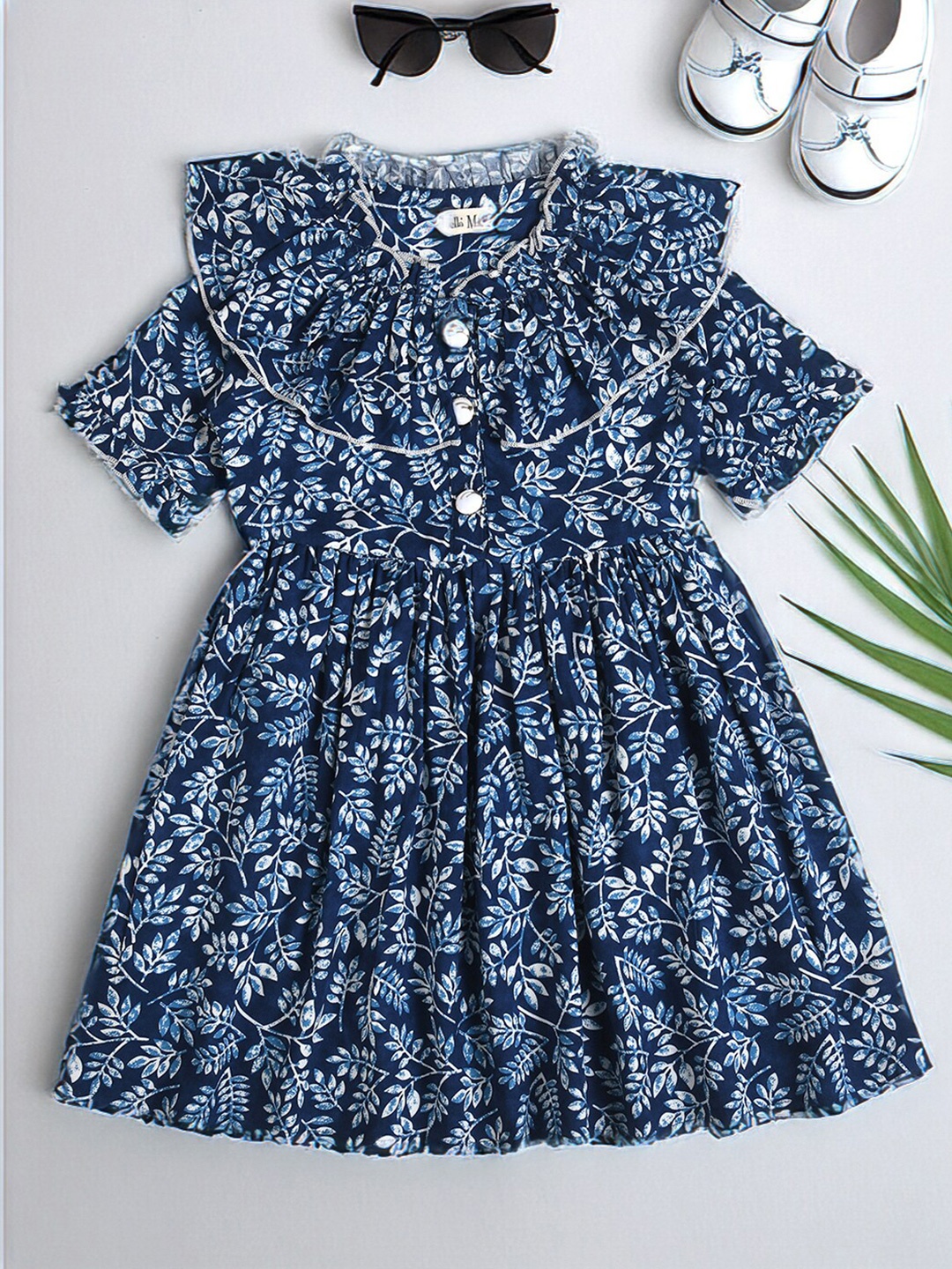 

Bella Moda Girls Tropical Printed Peter Pan Collar Short Sleeves Cotton Fit & Flare Dress, Navy blue