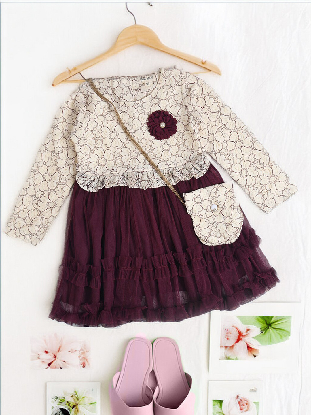 

Bella Moda Girls floral self design Round Neck Long Sleeves Cotton Fit & Flare Dress, White