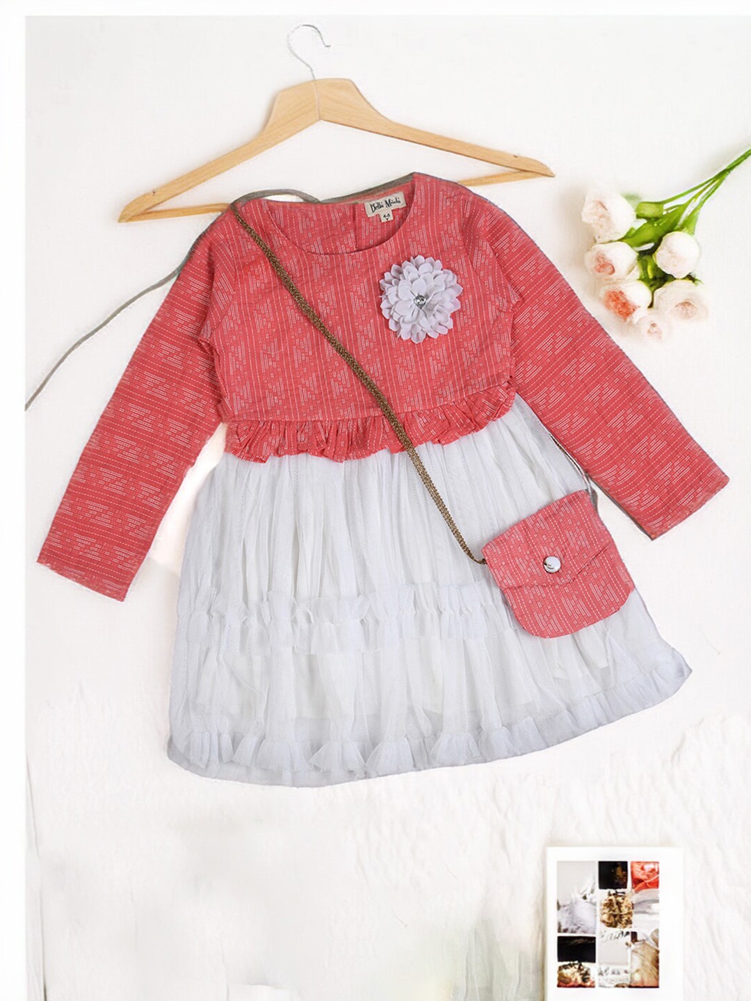 

Bella Moda Girls Round Neck Long Sleeves Fit & Flare Cotton Dress, Red