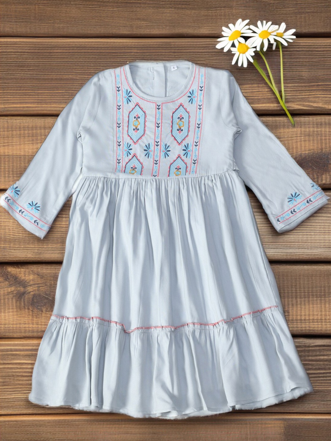 

Bella Moda Girls Embroidered Round Neck Bell Sleeve Cotton Fit & Flare Dress, White