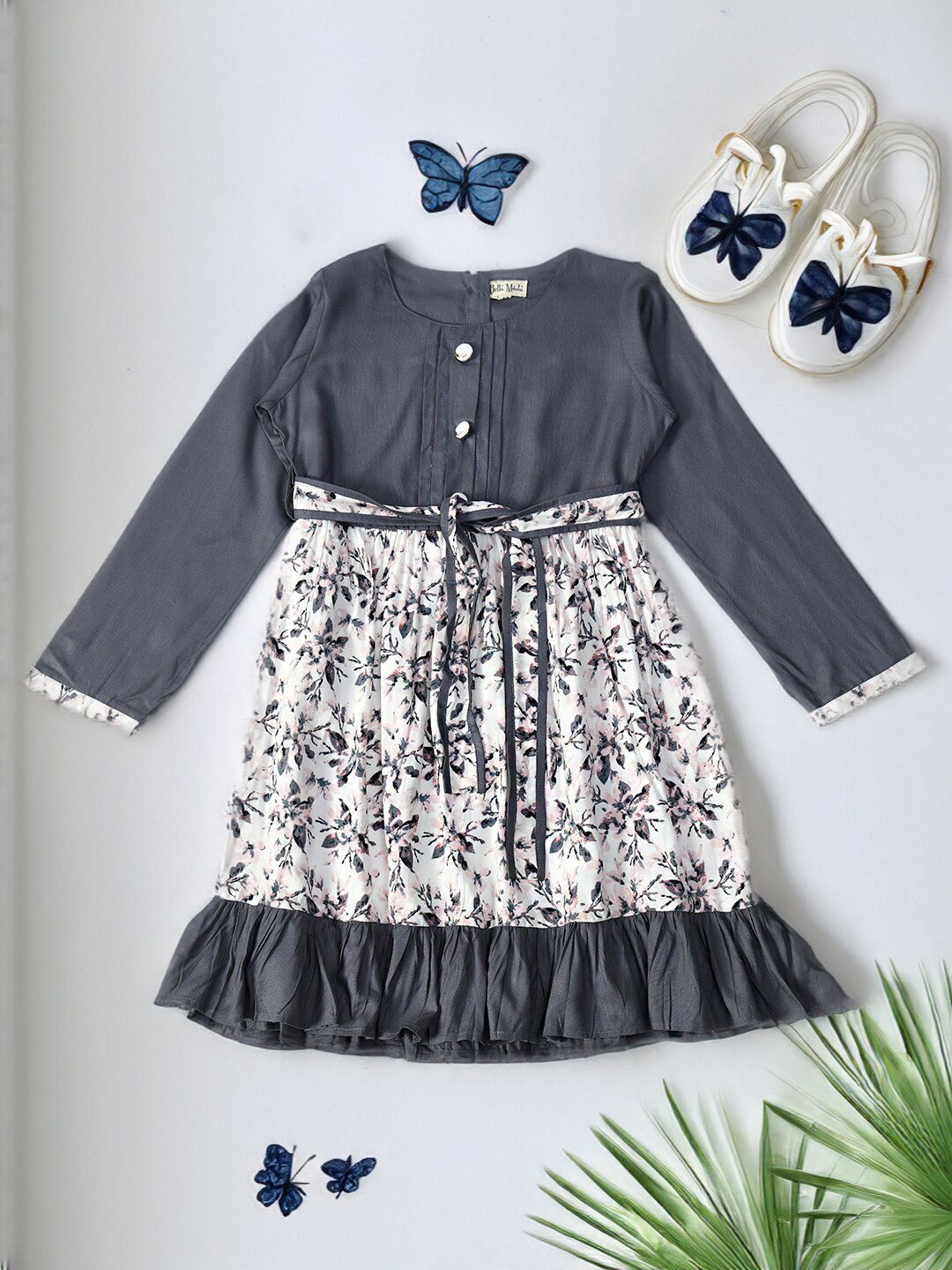 

Bella Moda Girls Floral Printed Round Neck Long Sleeves Cotton Fit & Flare Dress, Grey