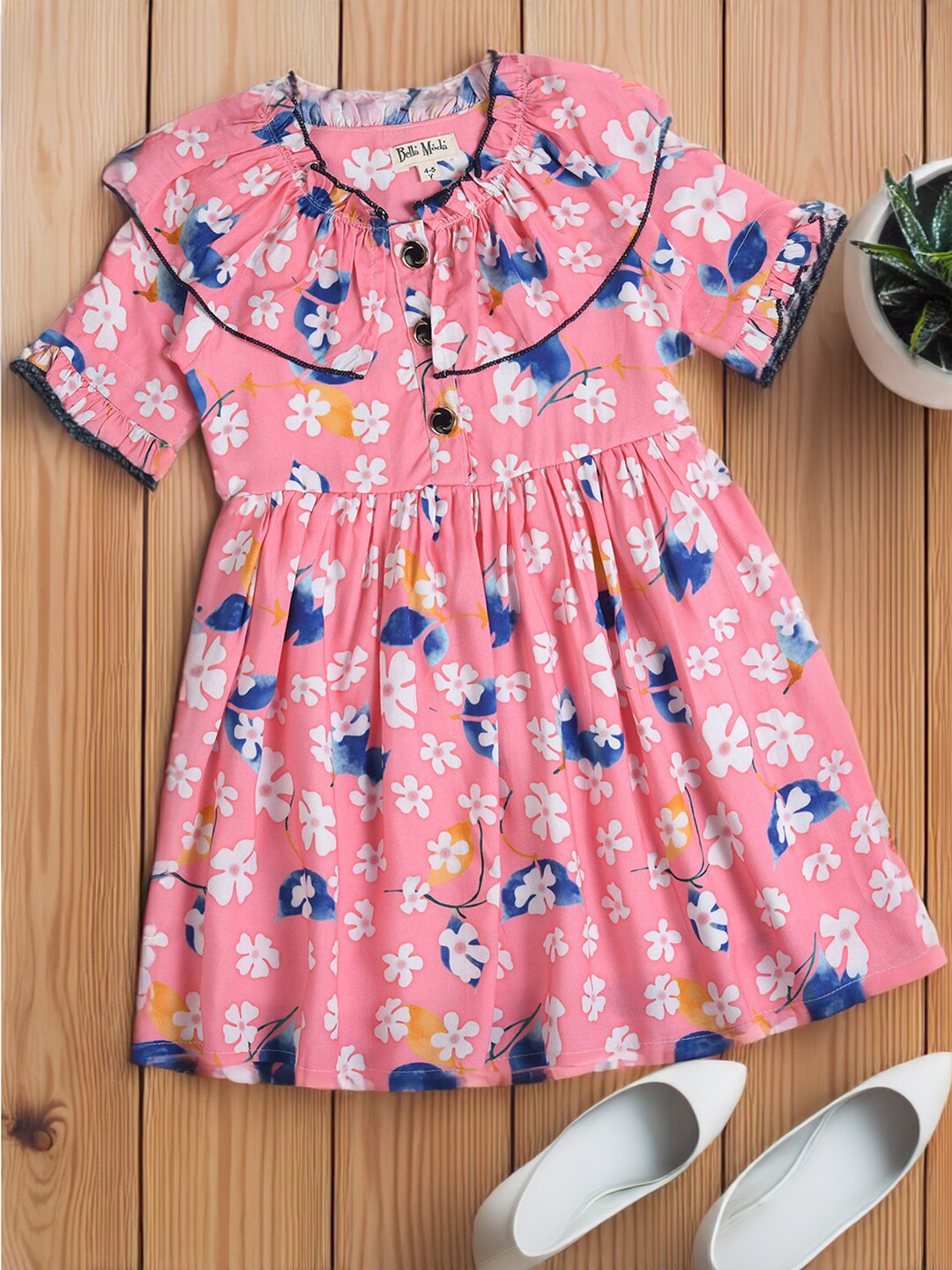 

Bella Moda Girls Floral Printed Peter Pan Collar Short Sleeves Cotton Fit & Flare Dress, Pink