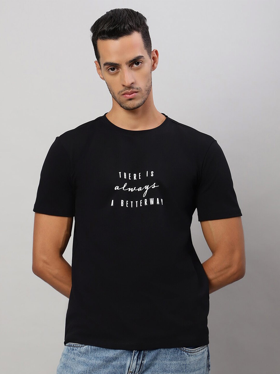 

Nimble Typography Printed Round Neck Cotton T-shirt, Black