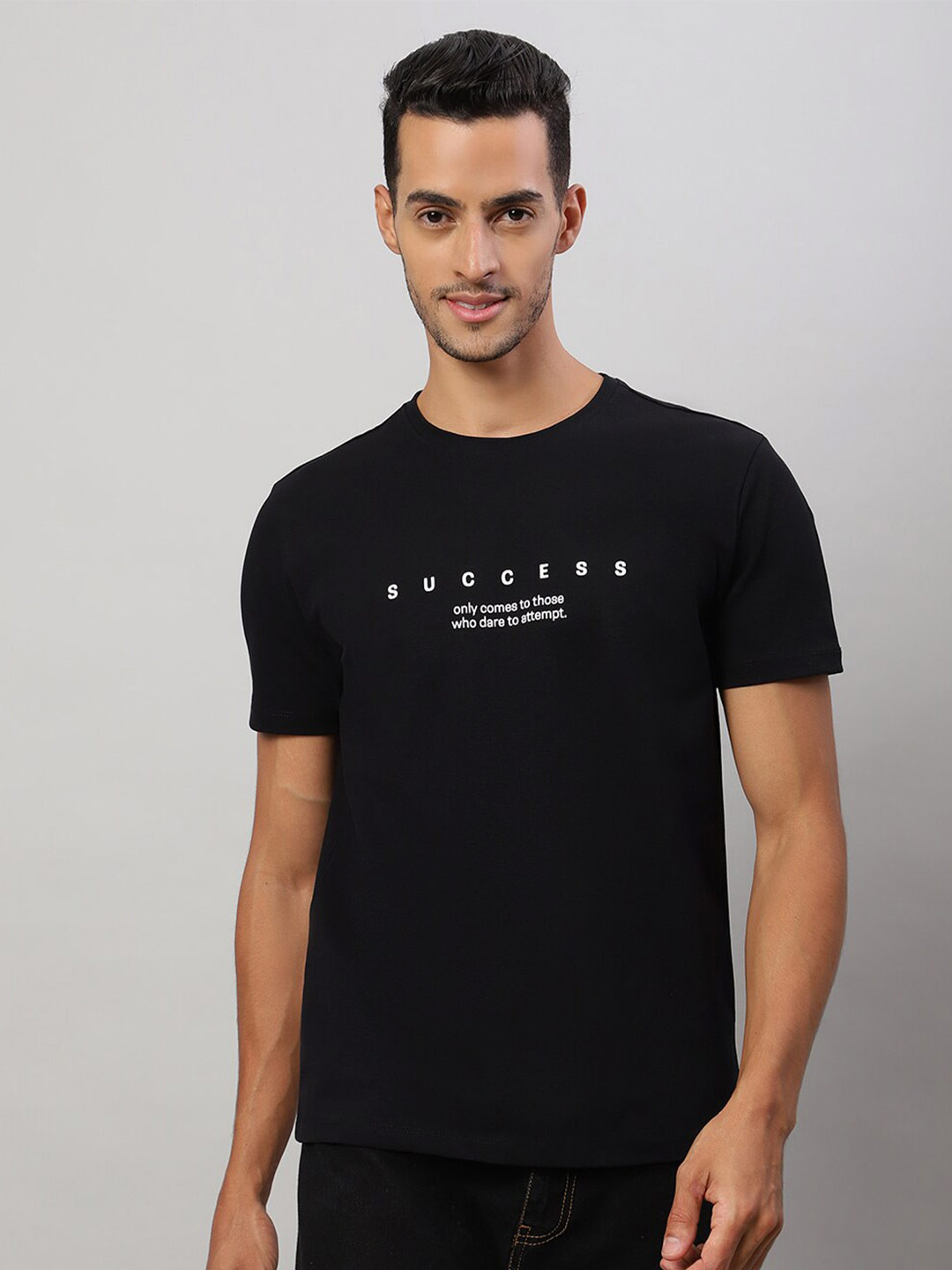 

Nimble Typography Printed Round Neck Cotton T-shirt, Black