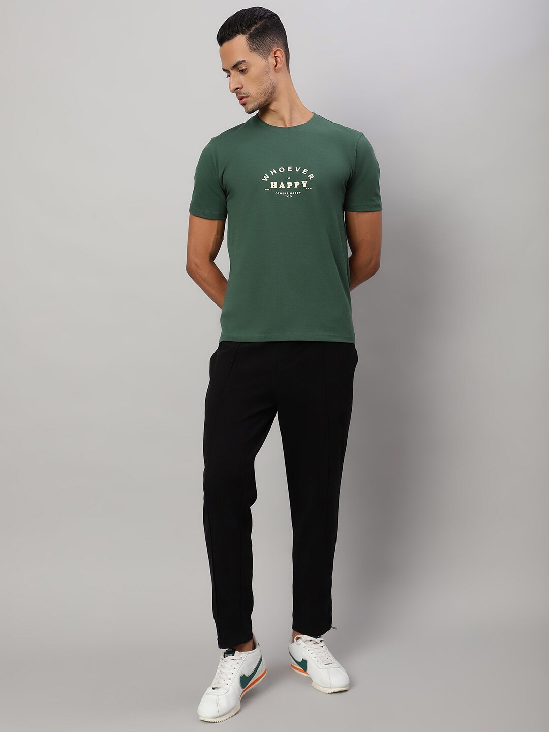 

Nimble Typography Printed Round Neck Cotton T-shirt, Green