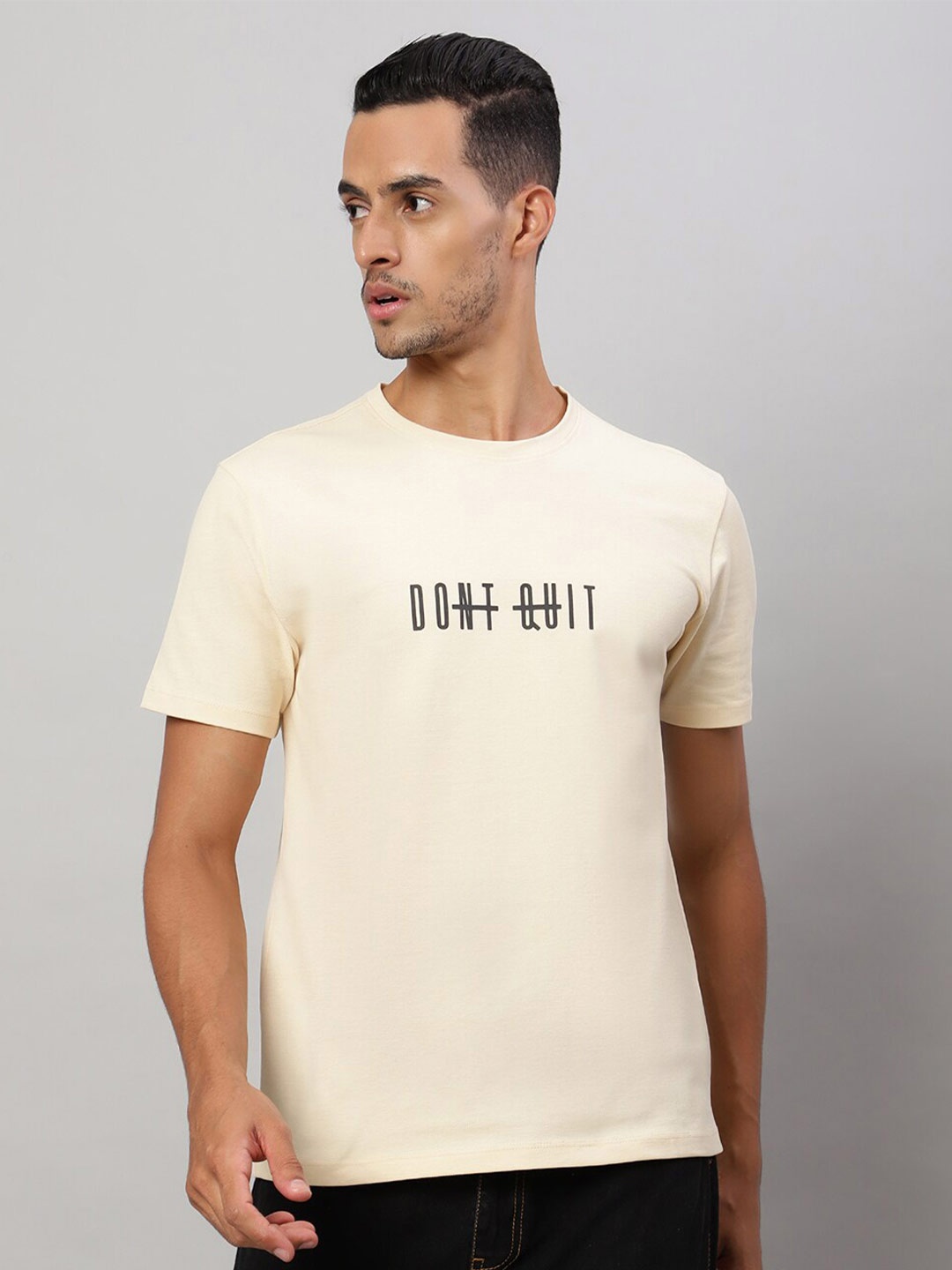 

Nimble Typography Printed Round Neck Cotton T-shirt, Beige
