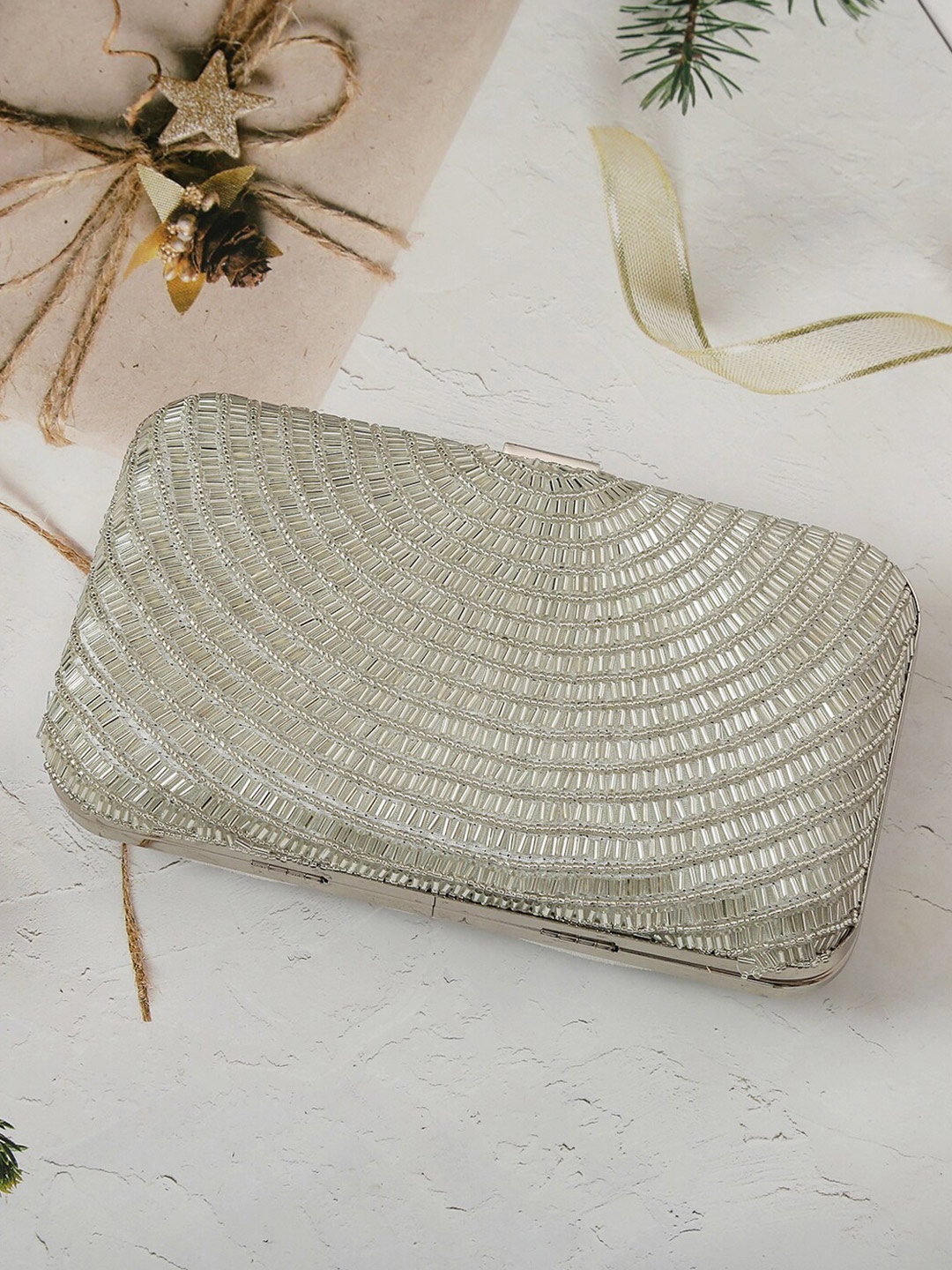 

VASTANS Embellished Box Clutch, Silver