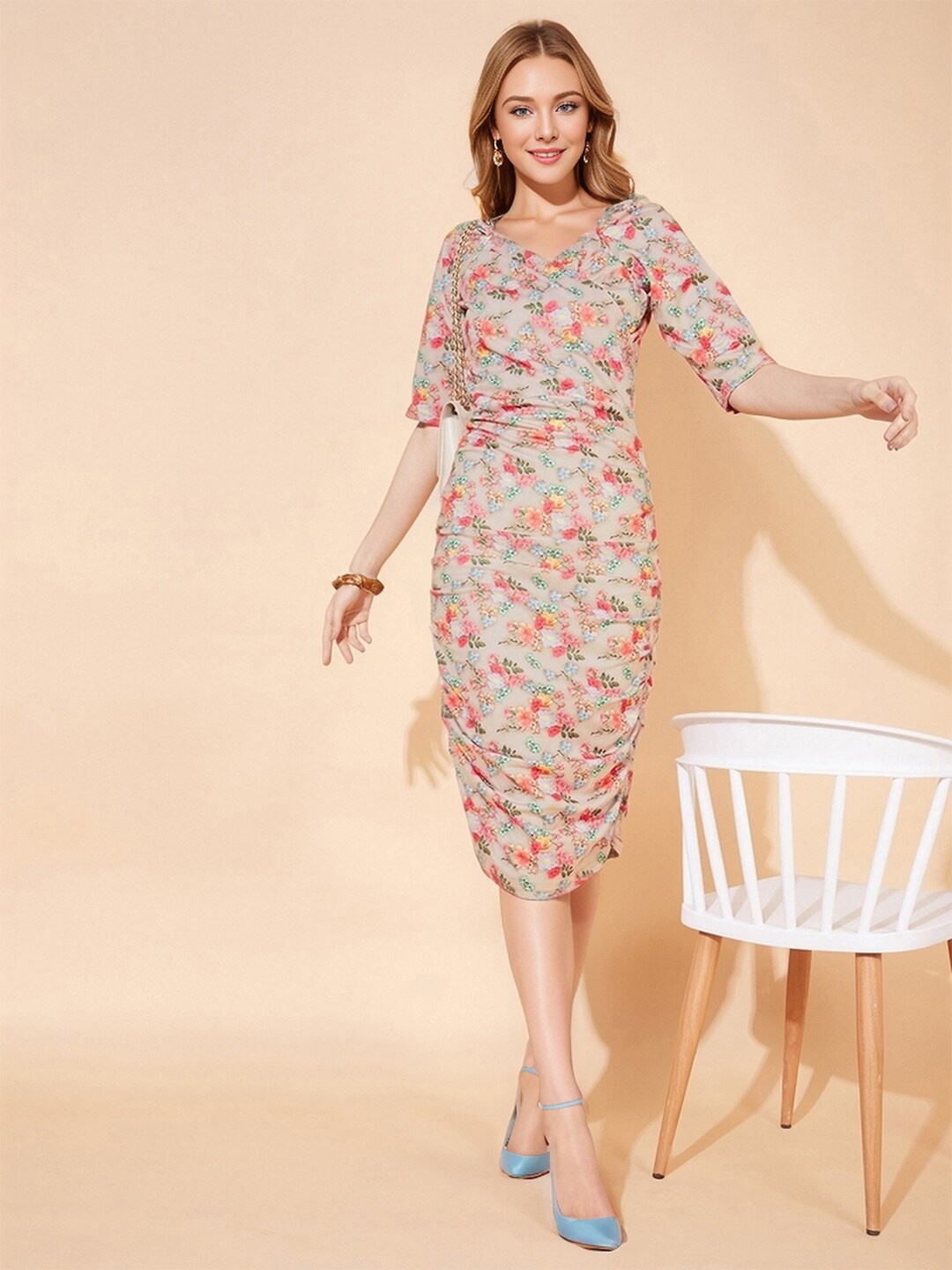 

Ziva Fashion Floral Printed Gathered Ruched Sheath Dress, Orange
