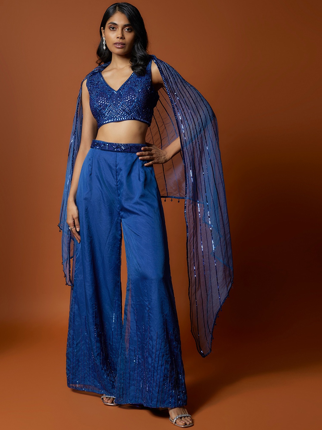 

Mehak Murpana Embellished Top & Trousers With Cape Co-Ords, Blue