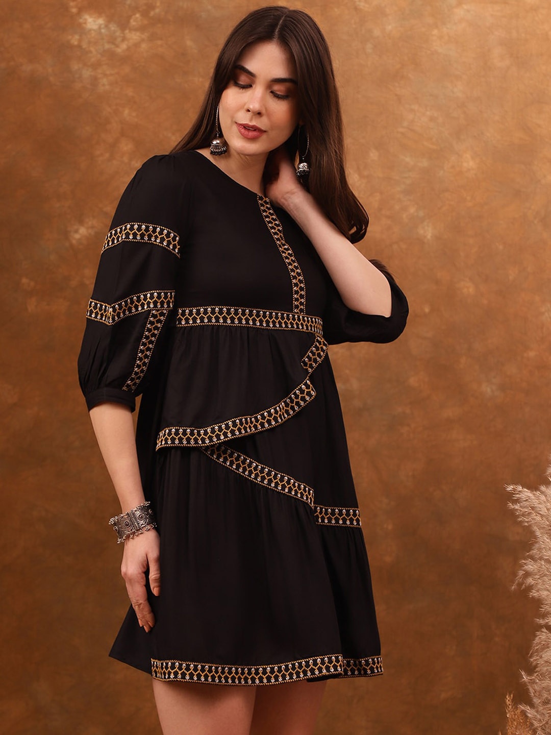 

Anouk Black Floral Embroidered A-Line Ethnic Dresses