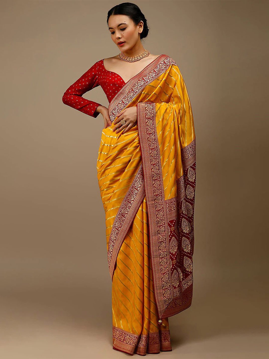 

HERE&NOW Striped Woven Design Zari Banarasi Saree, Yellow