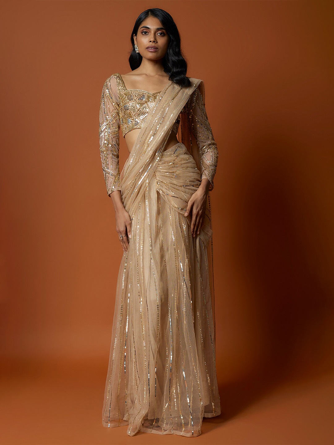 

Mehak Murpana Embellished Sequinned Net Ready to Wear Saree, Gold