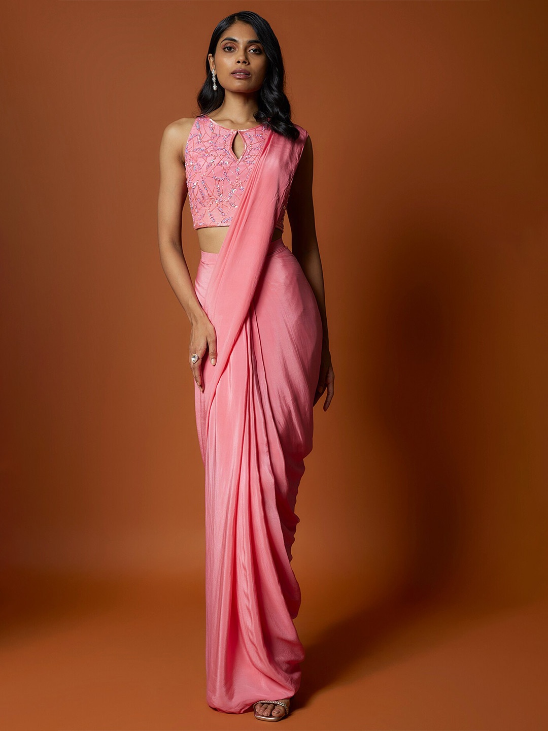 

Mehak Murpana Solid Ready to Wear Saree, Pink