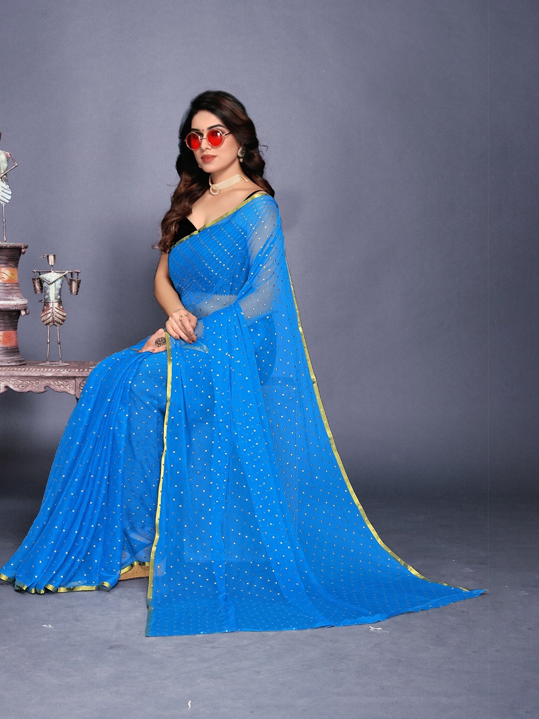 

REDFISH Embellished Pure Chiffon Zari Saree, Blue