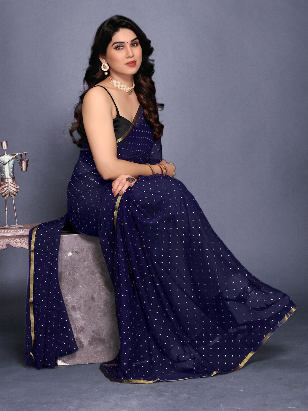 

REDFISH Embellished Pure Chiffon Zari Saree, Navy blue