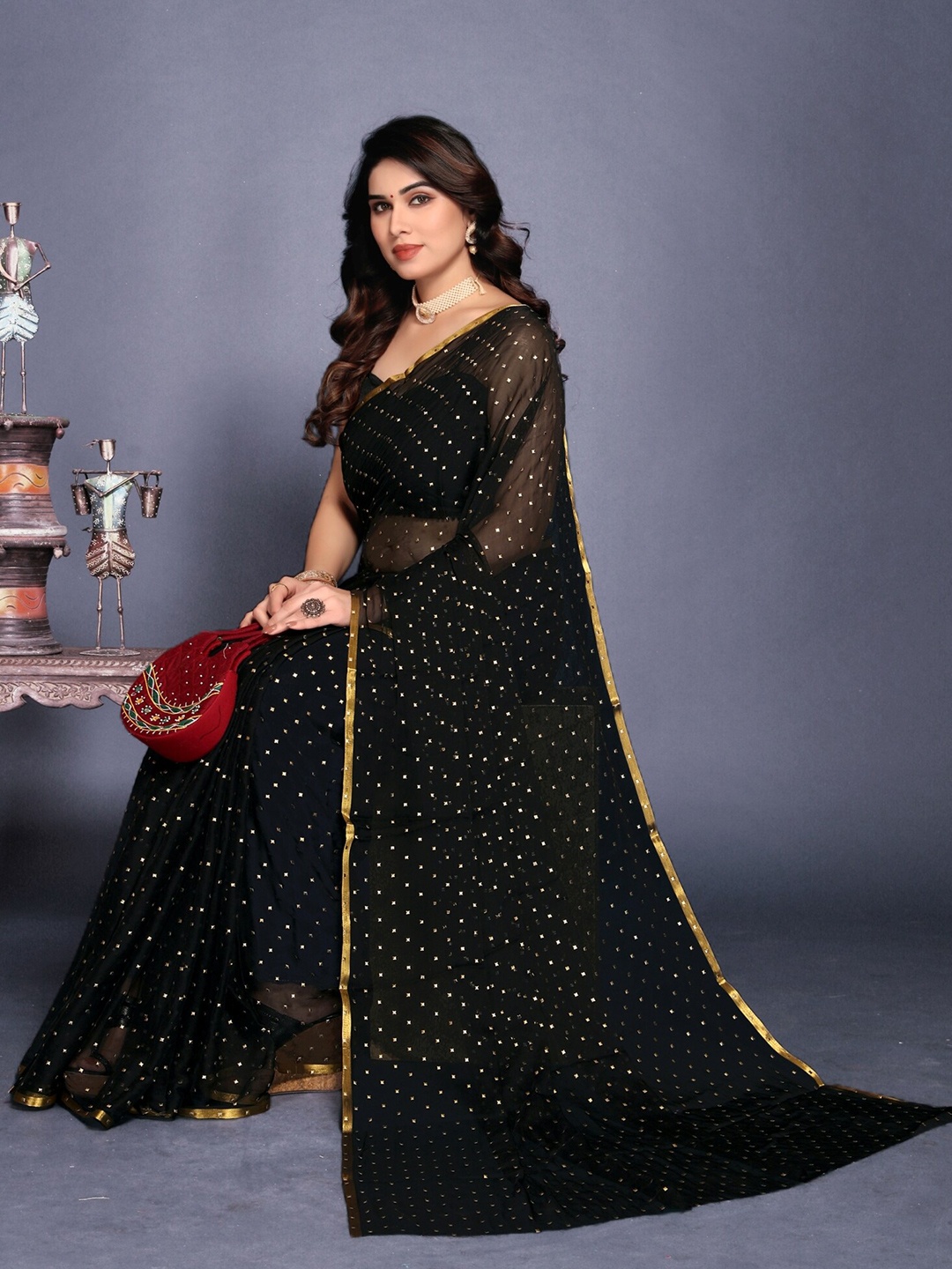 

REDFISH Embellished Pure Chiffon Zari Saree, Black