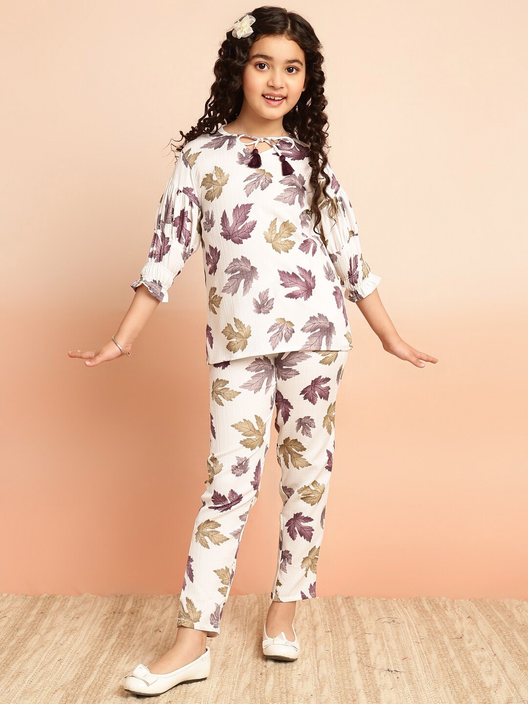 

BAESD Girls Printed Tie-Up Neck Regular Sleeves T-shirt & Palazzos Clothing Set, Violet