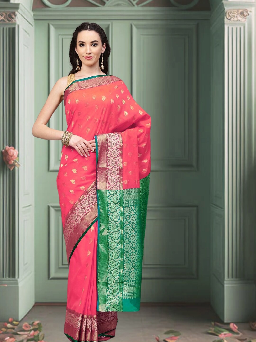 

Chhabra 555 Ethnic Motifs Art Silk Banarasi Sarees, Coral