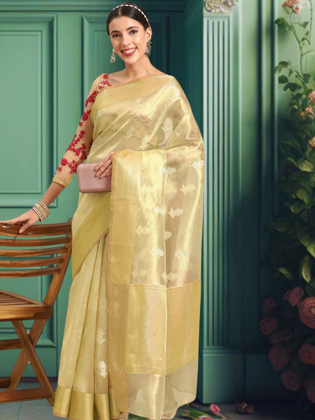 

Chhabra 555 Ethinic Motifs Woven Design Organza Banasari Sarees, Gold