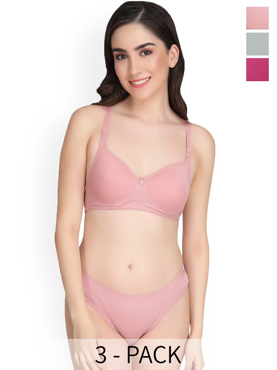 

Designer Bugs Pack Of 3 Lightly Padded Cotton Lingerie Set, Rose