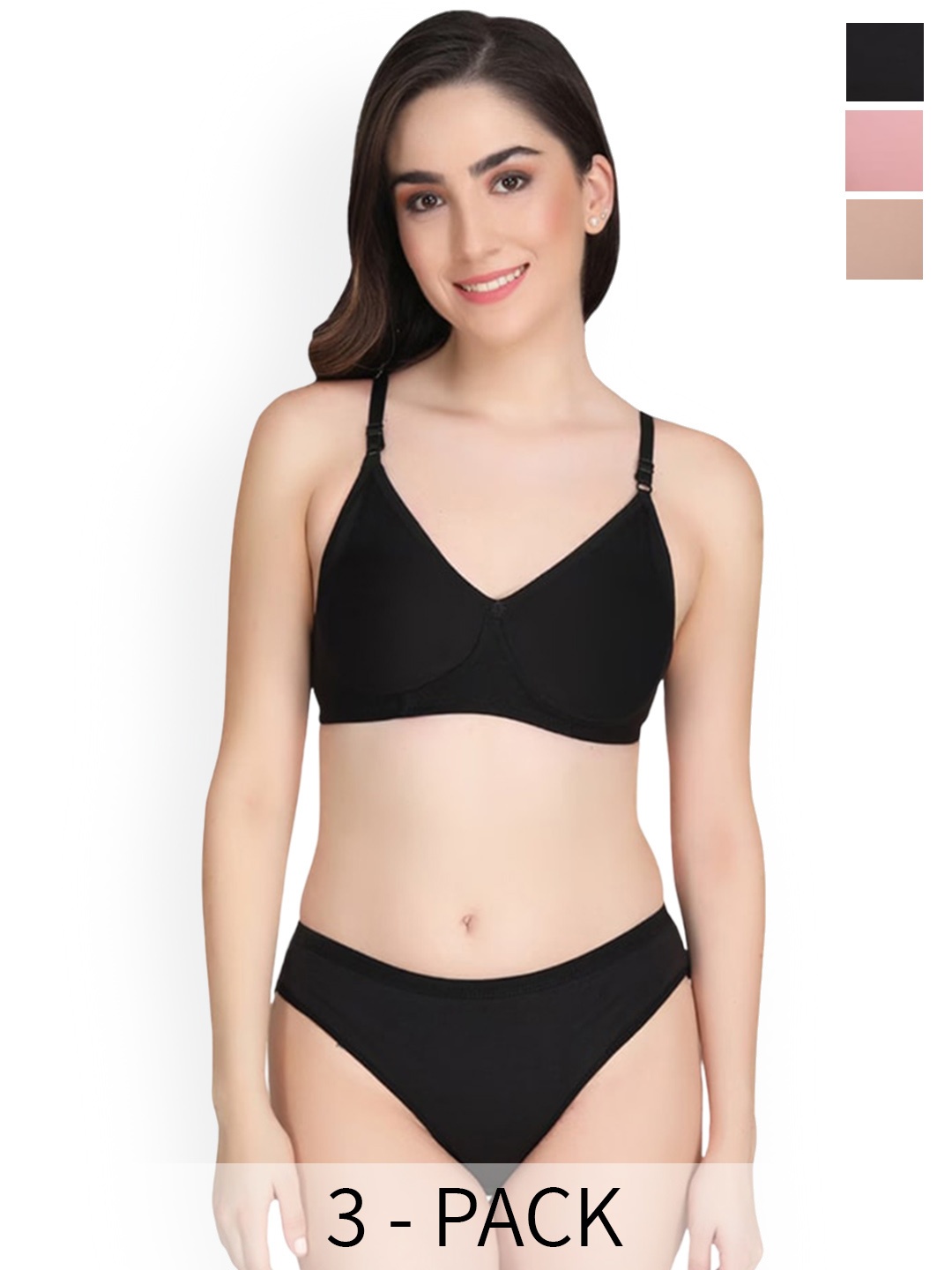 

Designer Bugs Pack Of 3 Lightly Padded Cotton Lingerie Set-LS-B-RG-PH-38B, Black