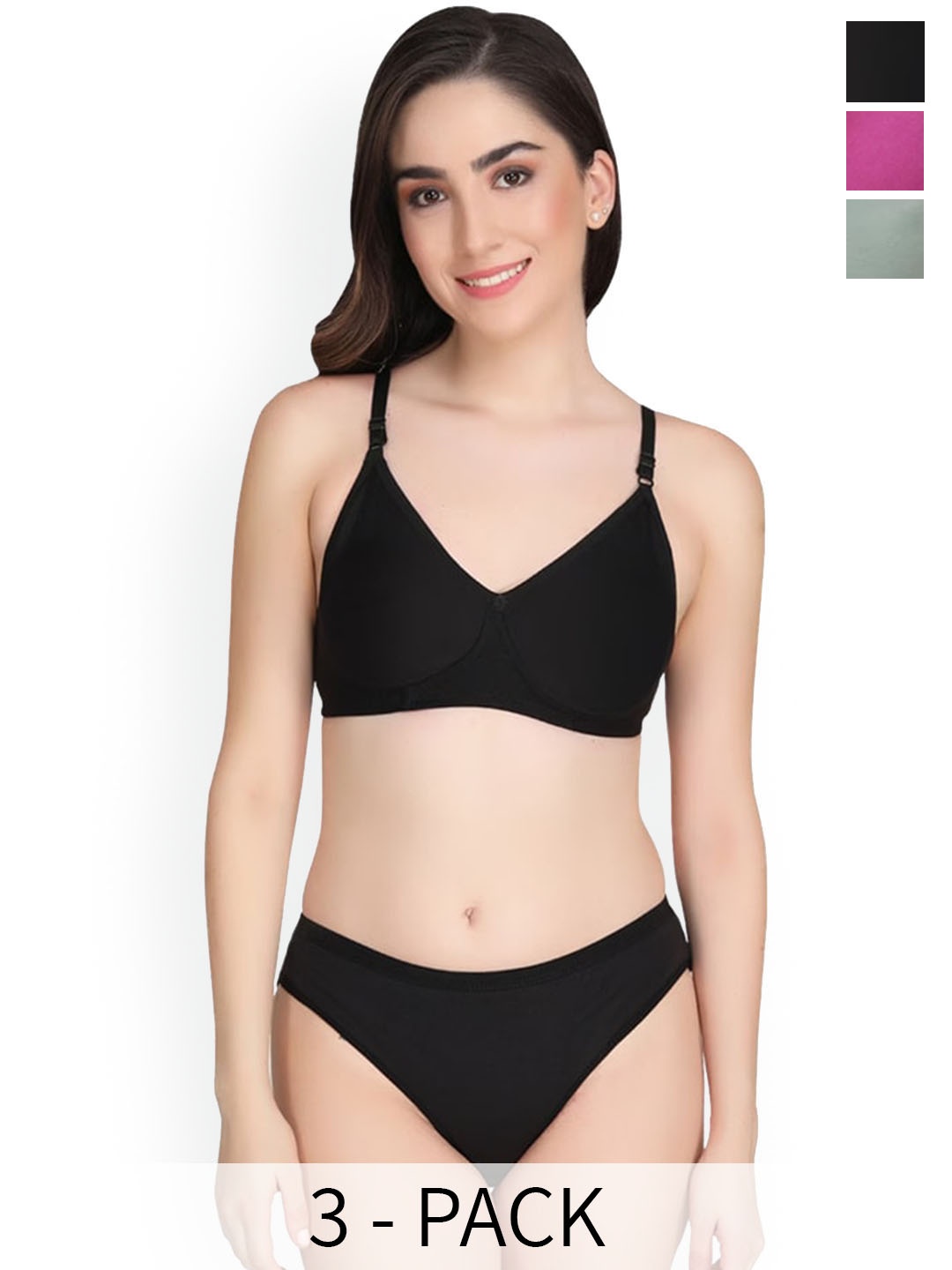 

Designer Bugs Pack Of 3 Lightly Padded Cotton Lingerie Set LS-B-DP-O-30B, Black