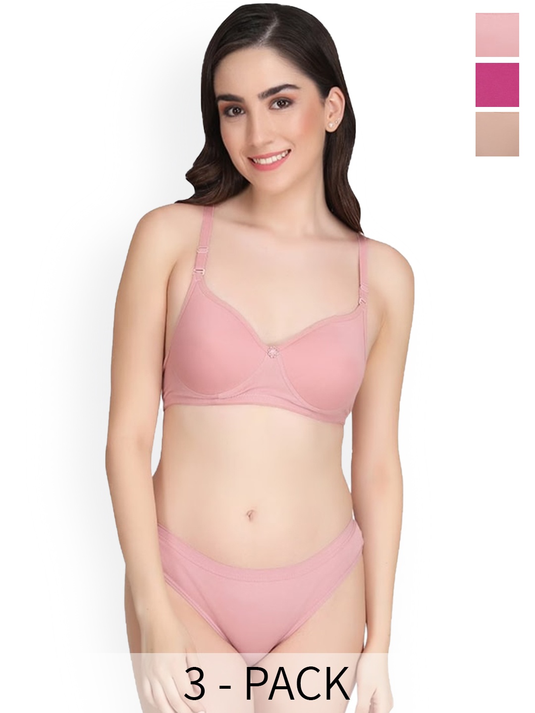 

Designer Bugs Pack Of 3 Lightly Padded Cotton Lingerie Set, Rose