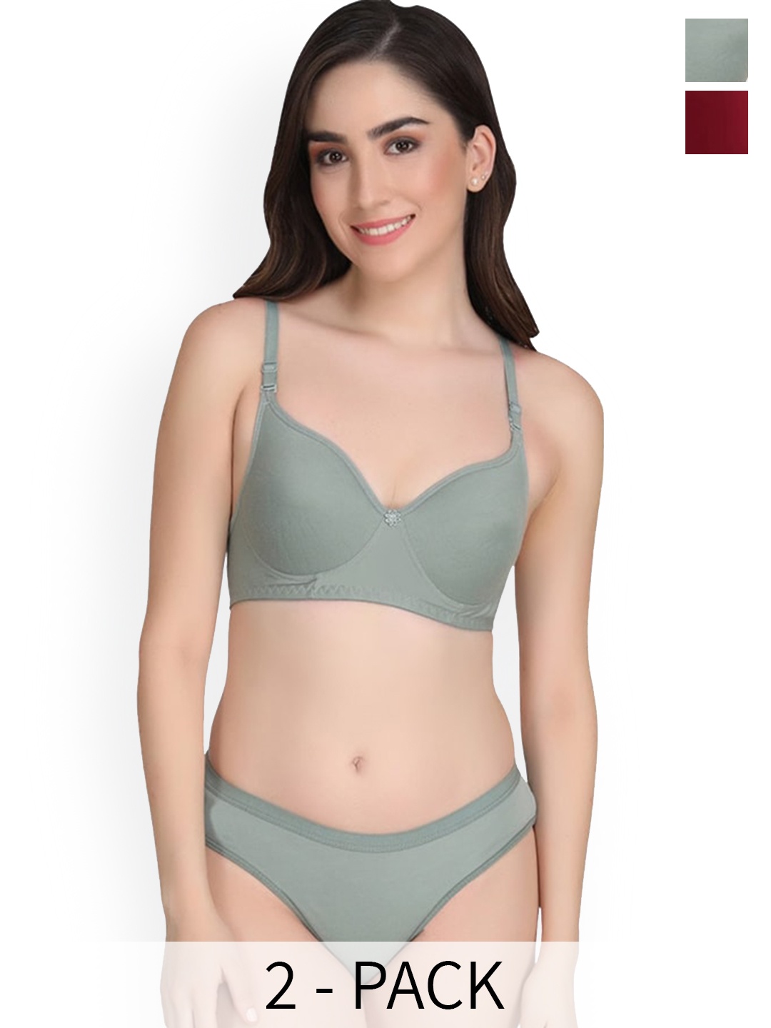 

Designer Bugs Pack Of 2 Lightly Padded Lingerie Set, Olive