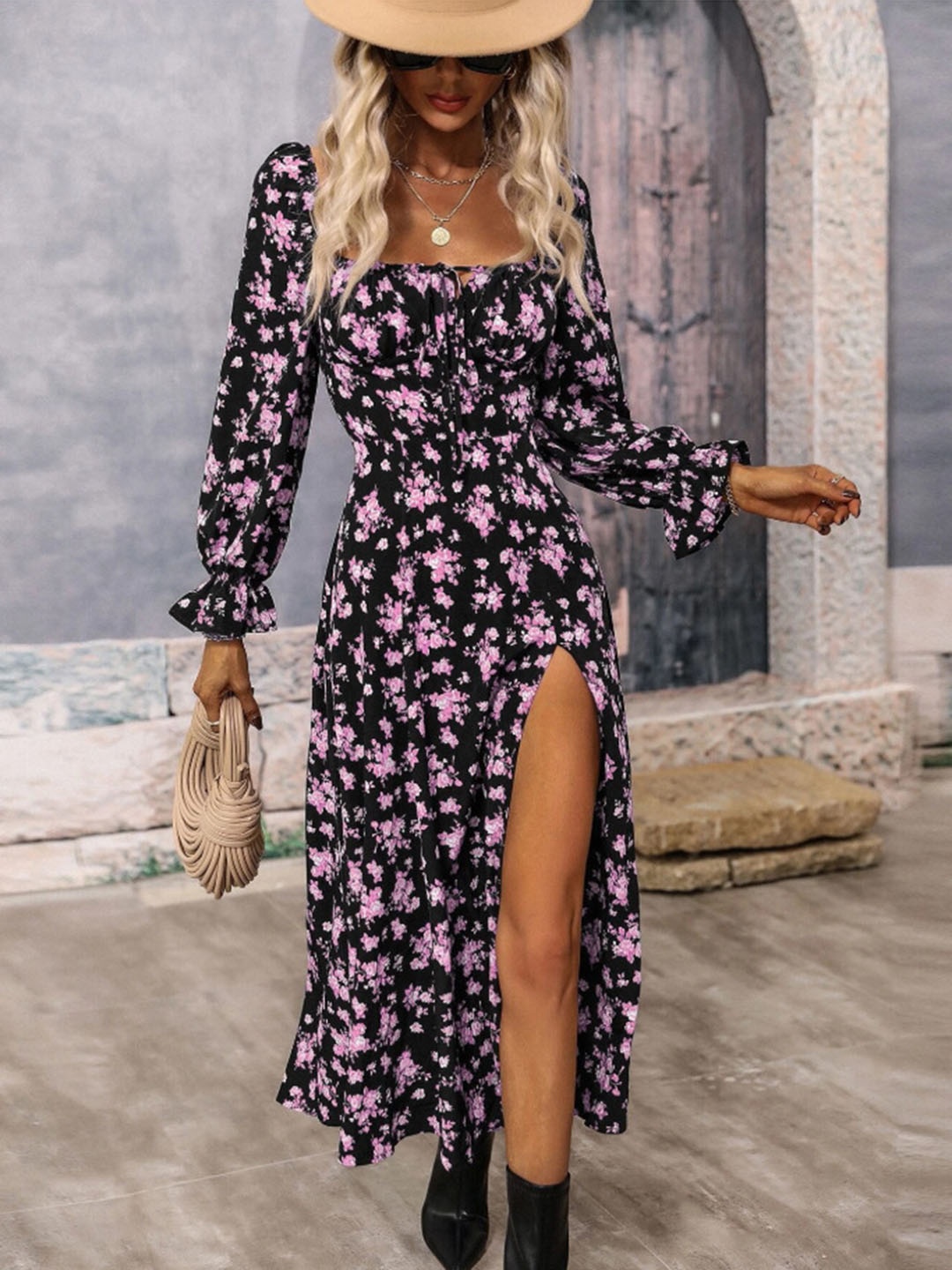 

all about you Purple Floral Printed Square Neck Bishop Sleeves Fit & Flare Midi Dress