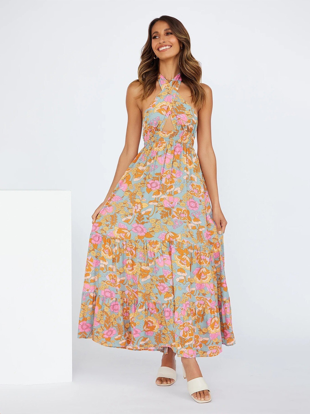 

all about you Floral Print Halter Neck Sleeveless Smocked Maxi Dress, Blue